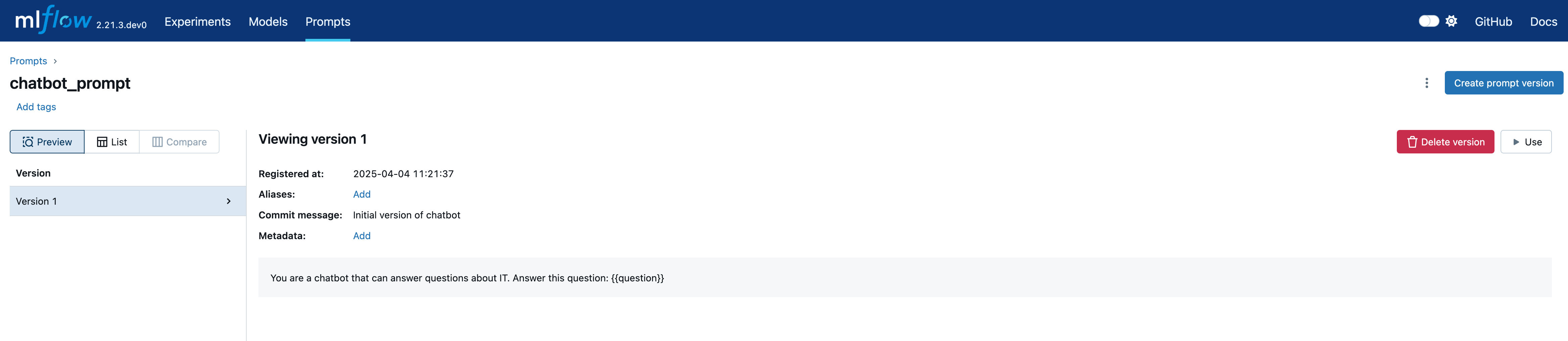 The MLflow UI showing a prompt version