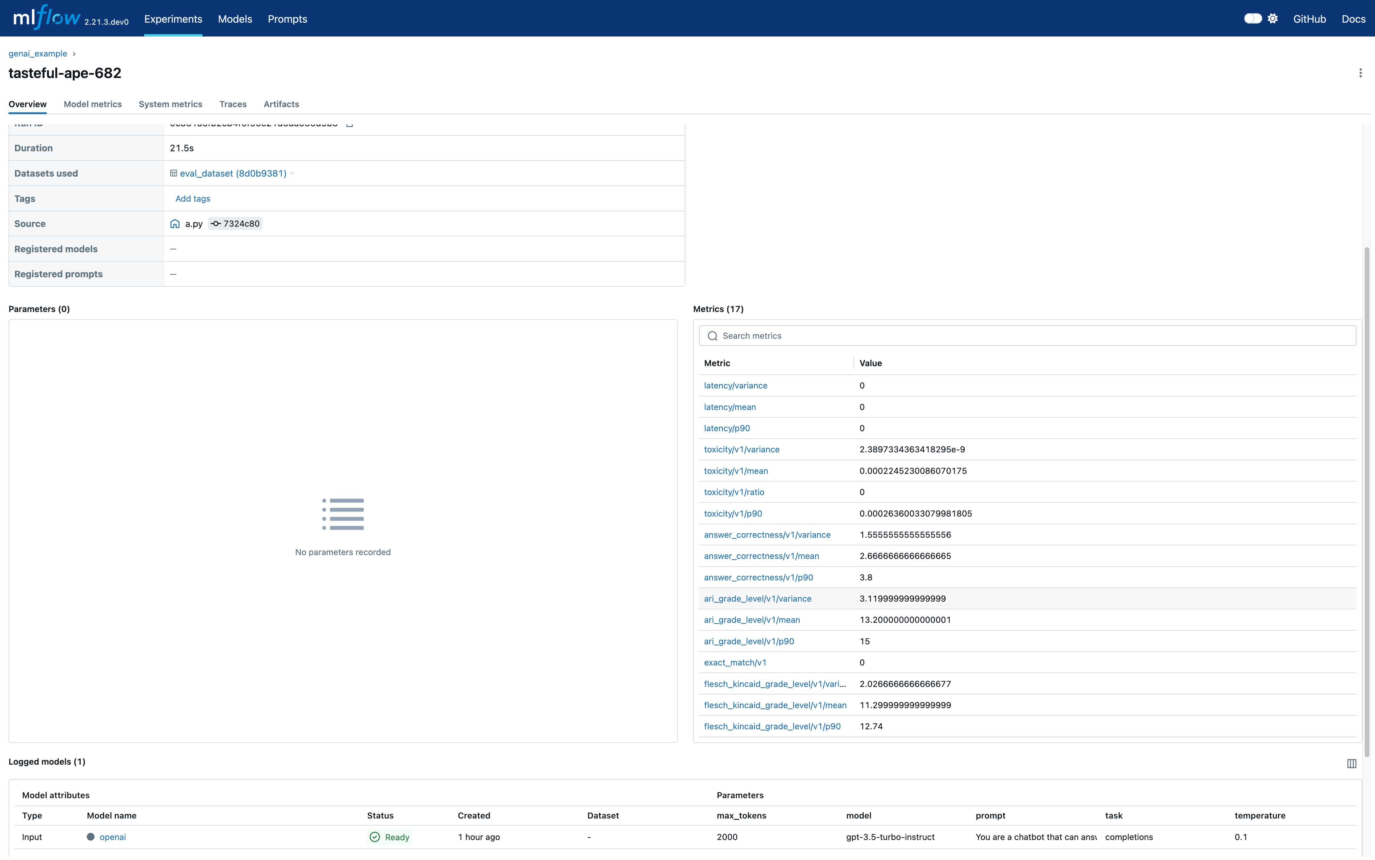 The MLflow UI showing the evaluate run metrics