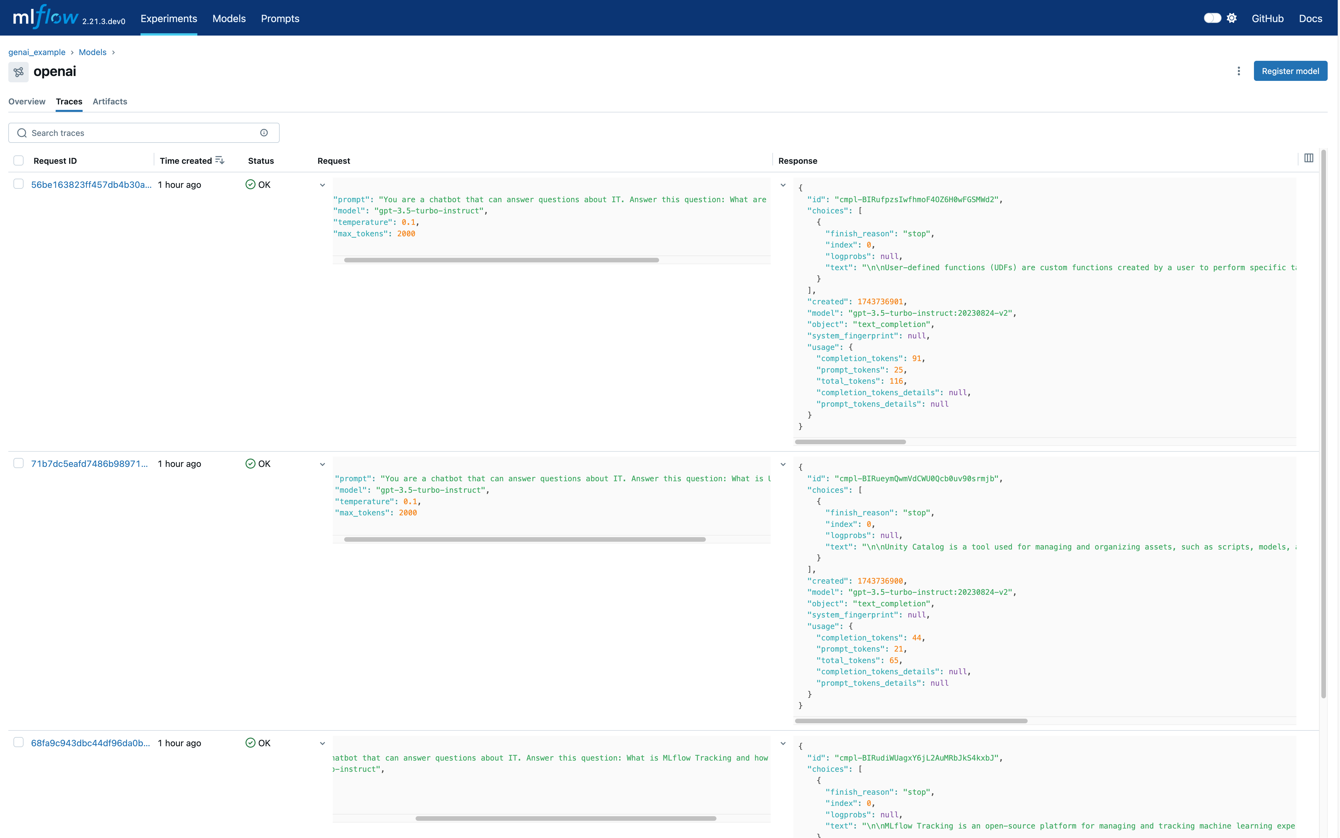 The MLflow UI showing the logged model autolog traces lineage