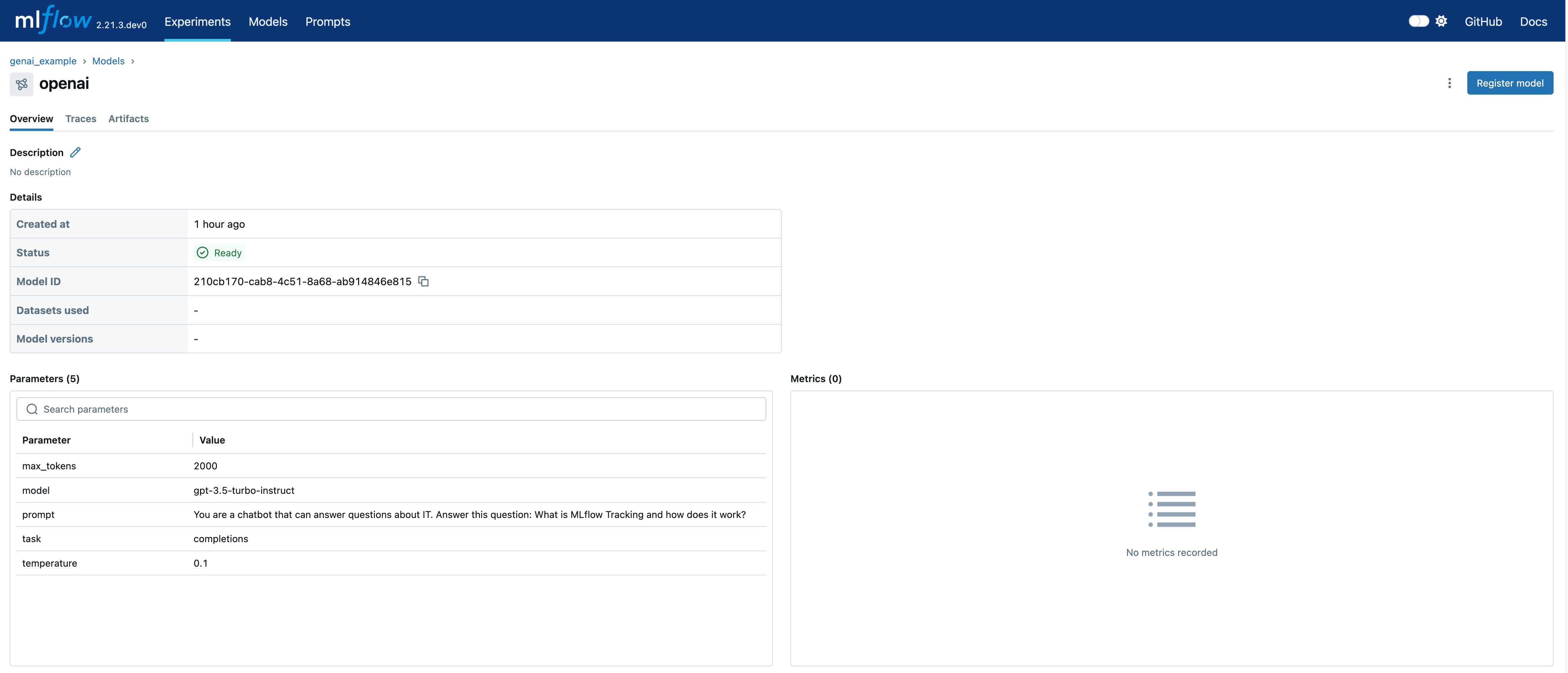 The MLflow UI showing the logged model details page