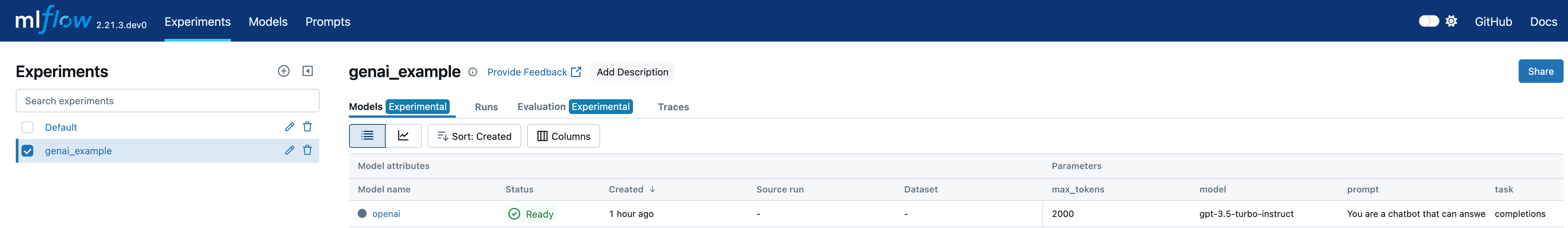 The MLflow UI showing the logged models in an experiment