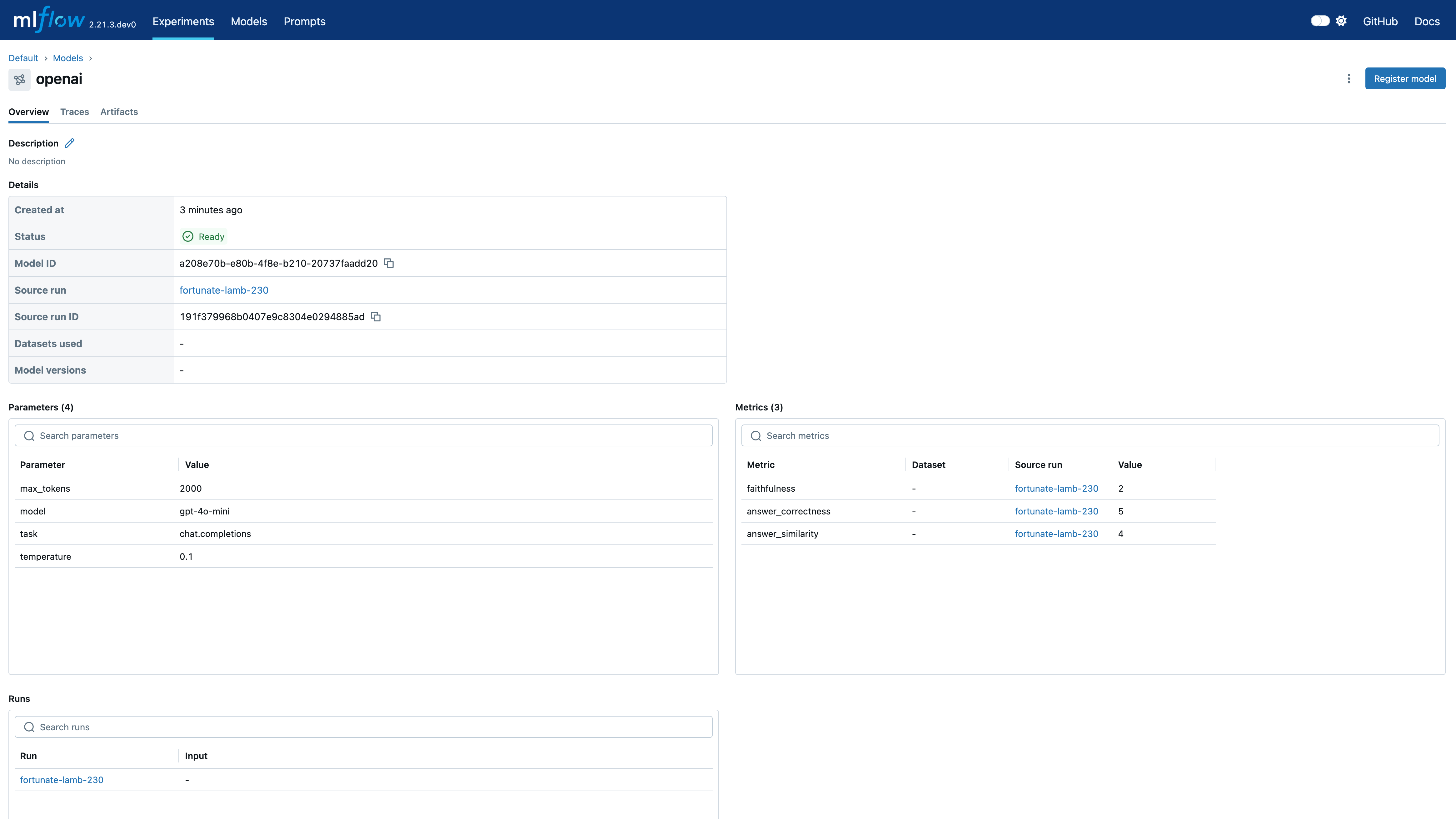The MLflow UI showing the logged model