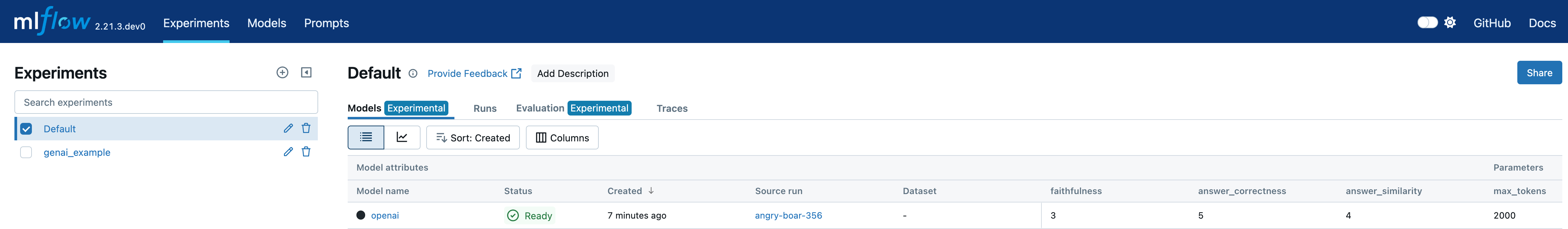 The MLflow UI showing the models tab