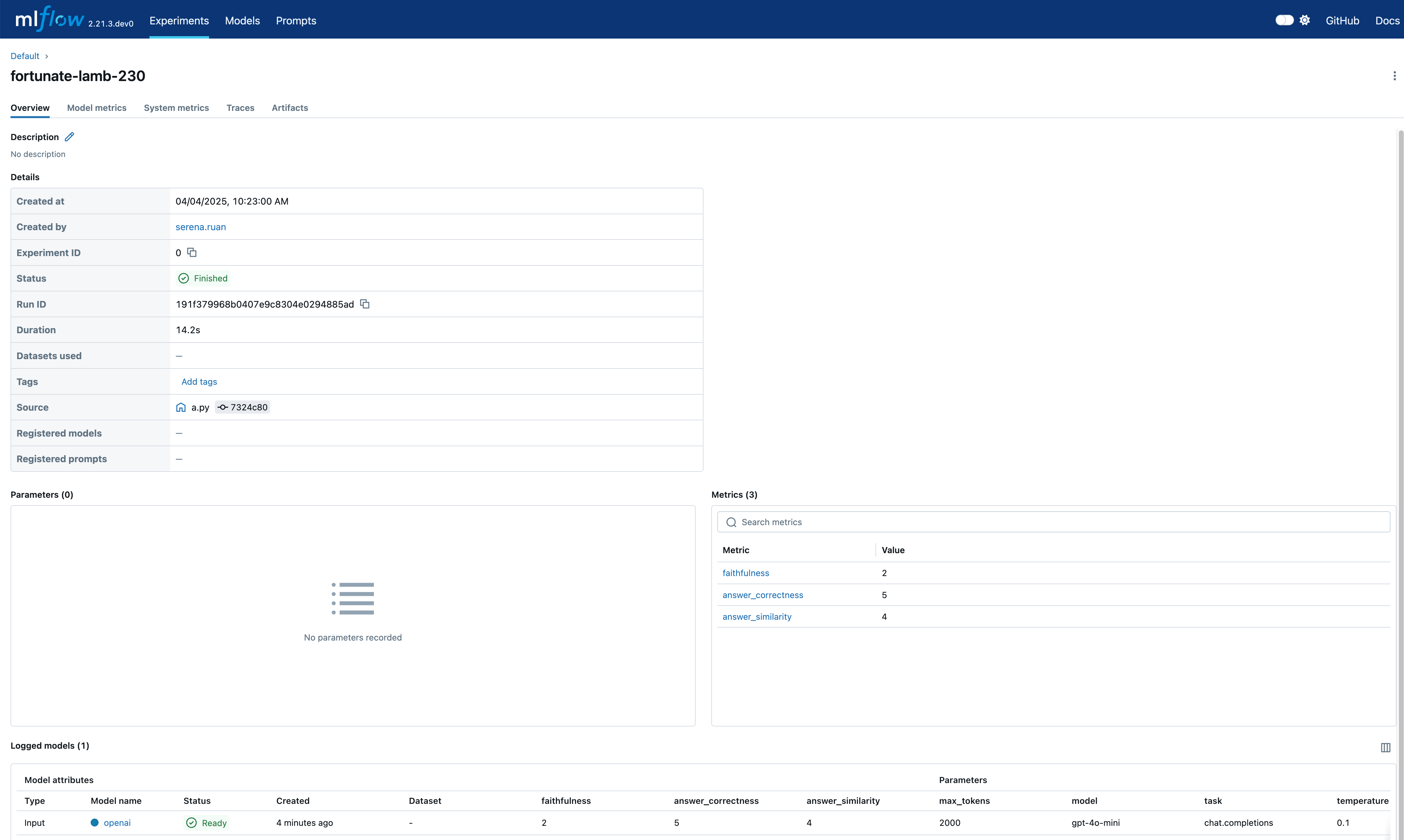 The MLflow UI showing the run and logged model